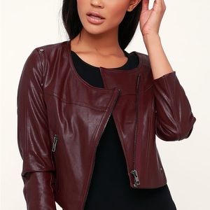 LULUS Williams Burgundy Vegan Leather Cropped Moto Jacket